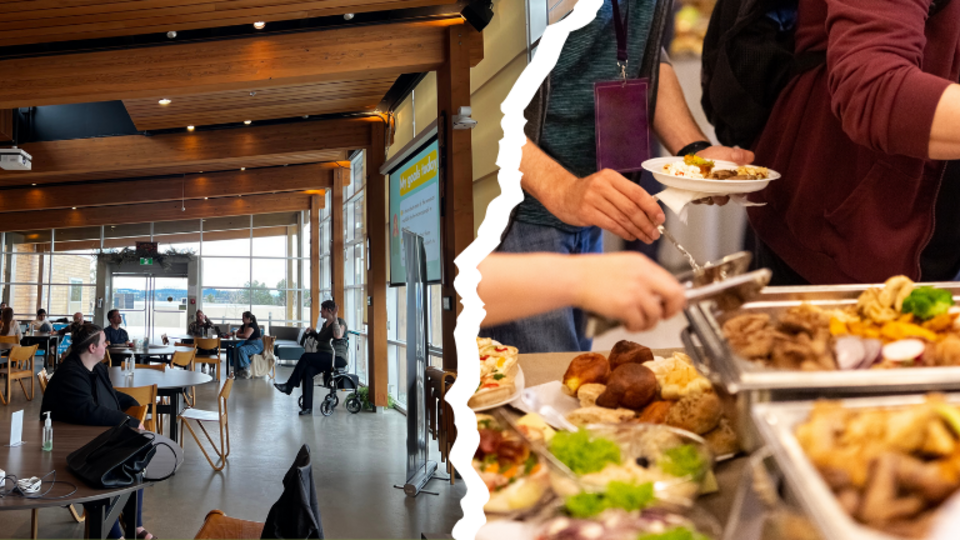 two photos in split screen view. On the left, a room with large windows with students sitting at round tables while listening to a presenter. The other side shows a buffet food set-up.