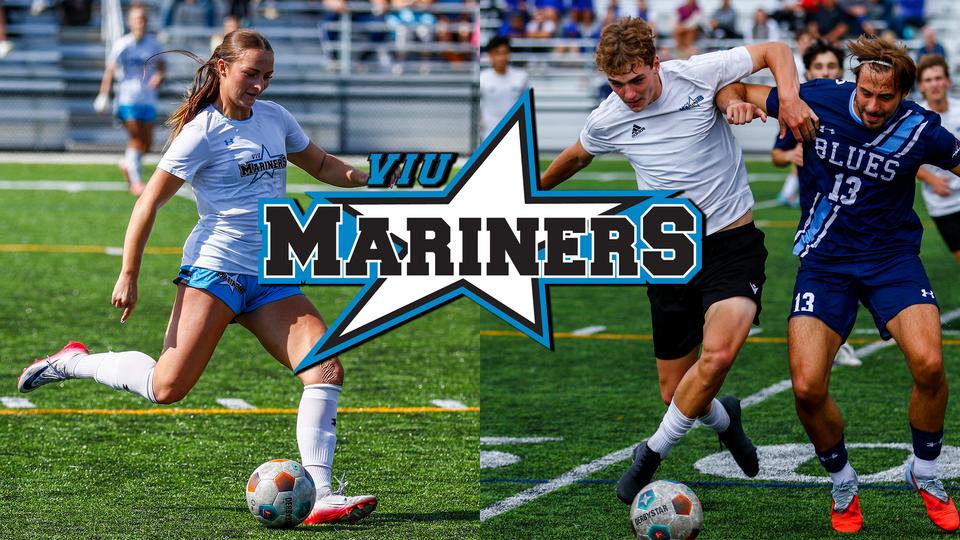 VIU Mariners logo over women's and men's soccer players