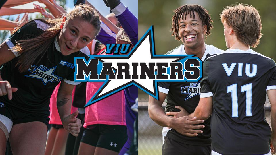 VIU Mariners logo over women's and men's soccer players