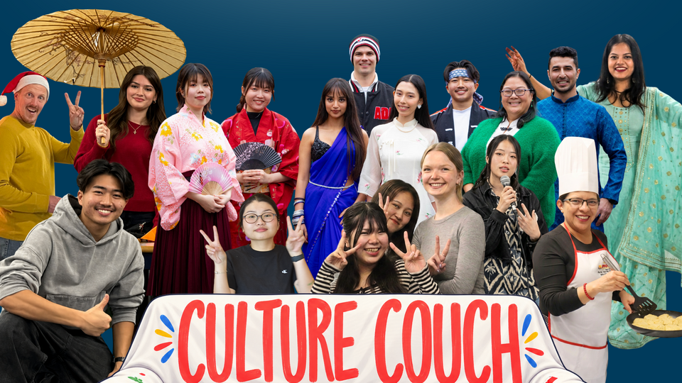 A diverse group of students and staff pose during a Culture Couch event.