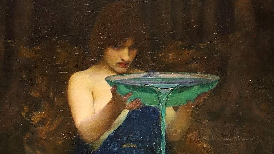 Waterhouse painting of brunette woman in blue dress holding green bowl