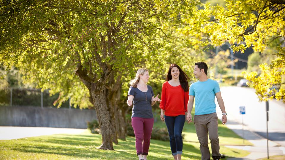 three people walking and chatting on a grassy path