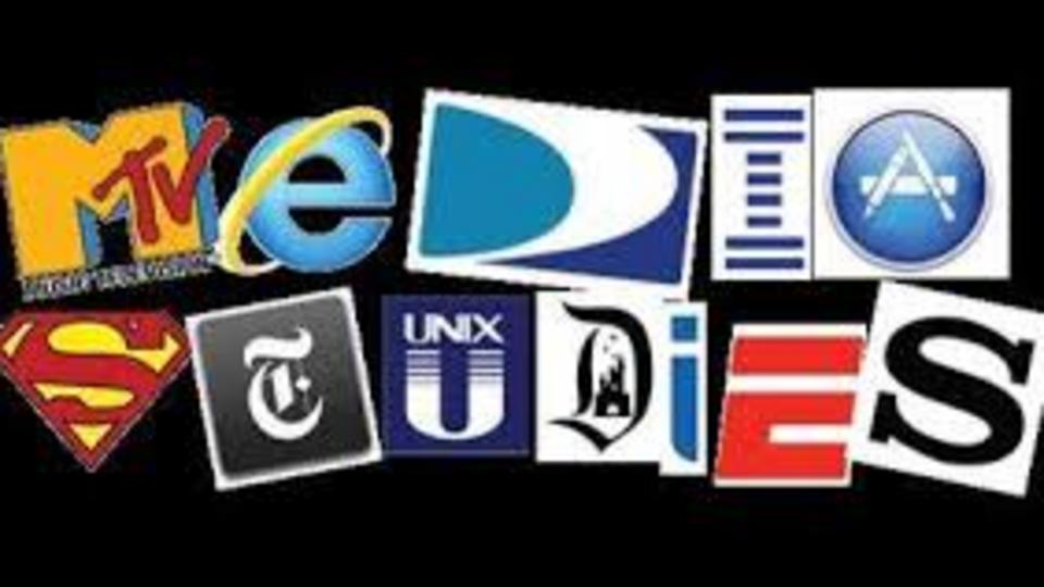 The words media studies spelled out using logos of media companies