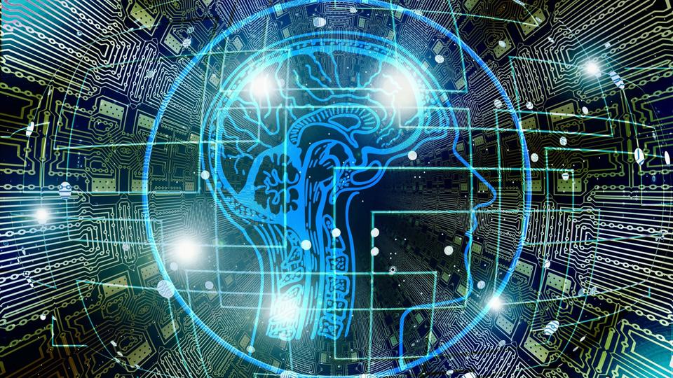 Interconnected network of dots resembling a person's profile and brain