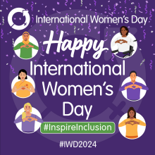 A purple poster that reads Happy International Women's Day #InspireInclusion #IWD2024. There are illustrations of various women making heart symbols with their hands.