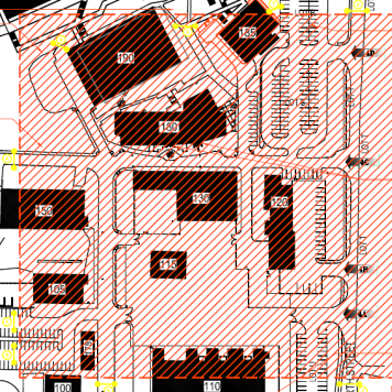 a map of Building 130 and 100 metres highlighted on all sides of it